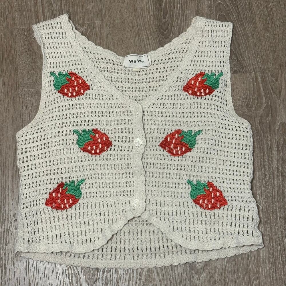 WoWo Strawberry Crochet Cardigan Vest Size Small 100% Cotton Button Front Boho - Picture 5 of 10